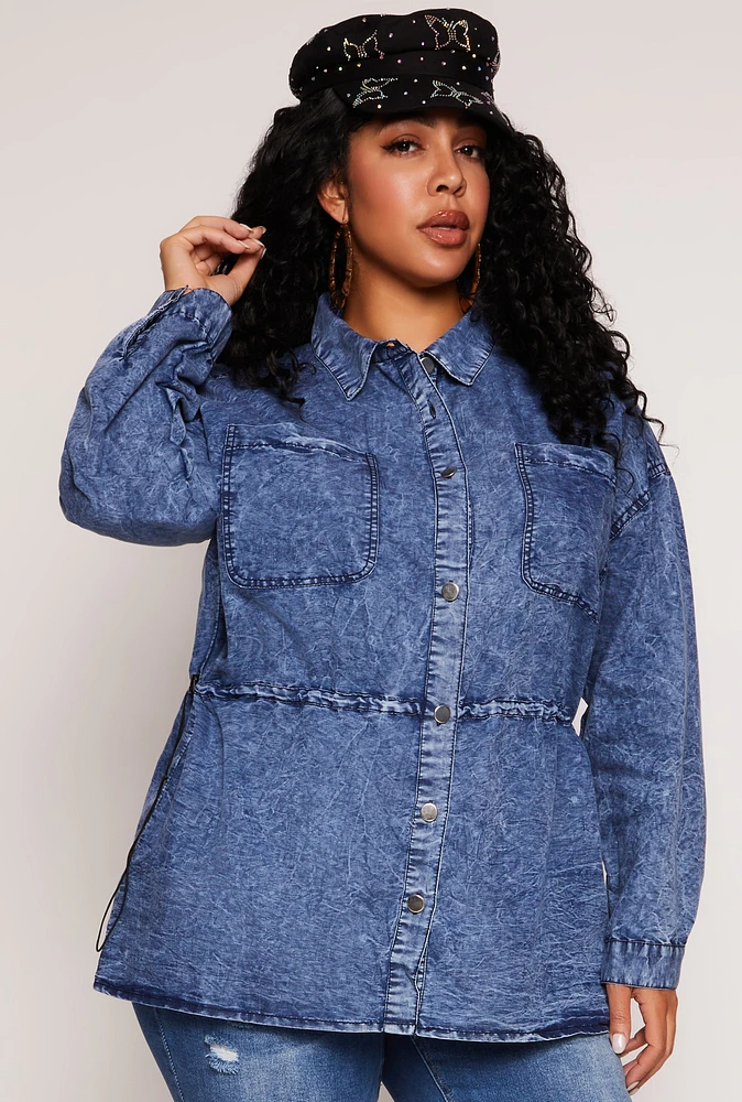 Womens Plus Size Toggle Drawstring Waist Acid Wash Shirt, Blue, Size 1X
