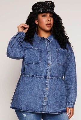 Womens Plus Size Toggle Drawstring Waist Acid Wash Shirt, Blue, Size 1X