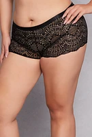 Womens Plus Size Patterned Lace Scalloped Hem Boyshort Panty, Black, Size 3X