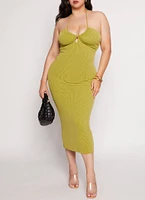 Womens Plus Size Ribbed Keyhole Halter Maxi Dress, Green, Size 2X