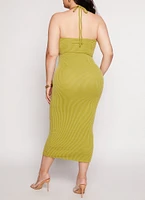 Womens Plus Size Ribbed Keyhole Halter Maxi Dress, Green, Size 2X