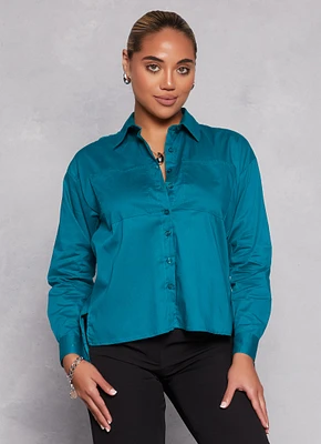 Womens Button Front Cuffed Sleeve Shirt,