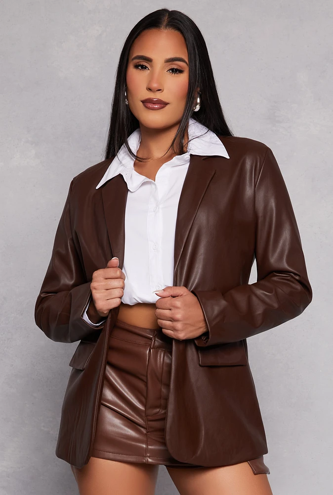 Womens Faux Leather Blazer, Brown,