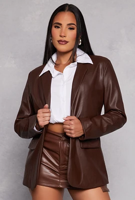 Womens Faux Leather Blazer, Brown, Size M