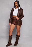 Womens Faux Leather Blazer, Brown,