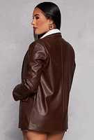 Womens Faux Leather Blazer, Brown,