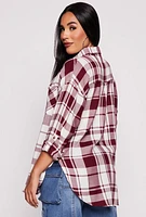 Womens Plaid Button Front Long Sleeve Shirt, Burgundy, Size M