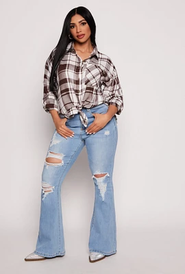 Womens Plaid Button Front Long Sleeve Shirt, Multi, Size S