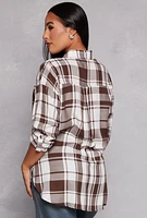 Womens Plaid Button Front Long Sleeve Shirt, Brown, Size S