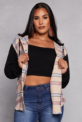 Womens Plaid Button Front Hooded Shirt, Multi, Size S