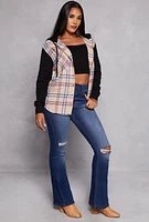 Womens Plaid Button Front Hooded Shirt, Multi, Size S