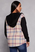 Womens Plaid Button Front Hooded Shirt, Multi, Size S