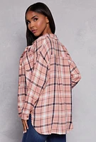 Womens Plaid Tabbed Sleeve Button Front Shirt, Pink, Size M