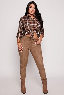 Womens Plaid Tabbed Sleeve Button Front Shirt,