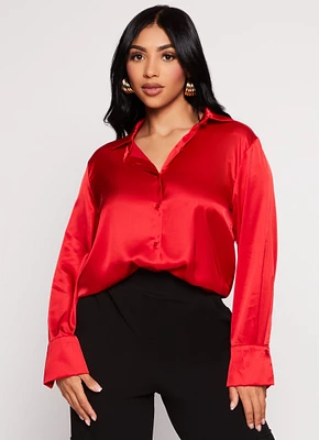 Womens Satin Button Front Long Sleeve Shirt, M
