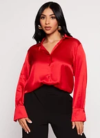 Womens Satin Button Front Long Sleeve Shirt, Red, Size M