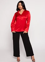 Womens Satin Button Front Long Sleeve Shirt, M