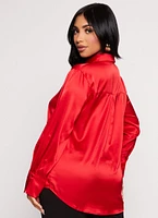 Womens Satin Button Front Long Sleeve Shirt, M