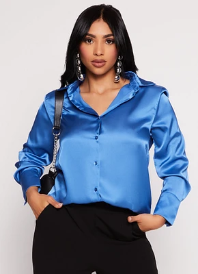 Womens Satin Button Front Long Sleeve Shirt,