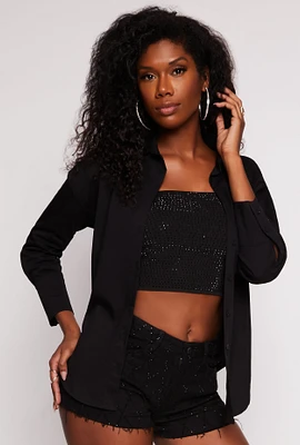 Womens Button Front Long Sleeve Tunic Shirt, Black, Size S