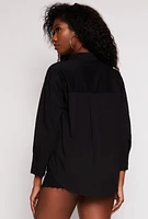 Womens Button Front Long Sleeve Tunic Shirt, Black, Size S