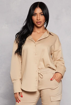Womens Button Front Long Sleeve Tunic Shirt, Beige, Size S
