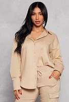 Womens Button Front Long Sleeve Tunic Shirt, Beige, Size S