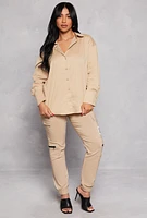 Womens Button Front Long Sleeve Tunic Shirt, Beige, Size S