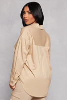 Womens Button Front Long Sleeve Tunic Shirt, Beige, Size S