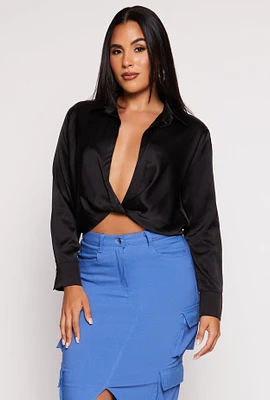 Womens Satin Twist Front Long Sleeve Blouse, Black, Size M