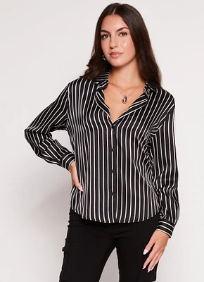 Womens Satin Striped Button Front Shirt, Black, Size M