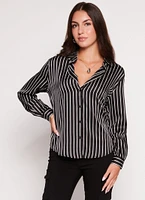 Womens Satin Striped Button Front Shirt, Black, Size M