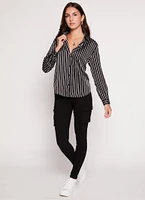 Womens Satin Striped Button Front Shirt, Black, Size M