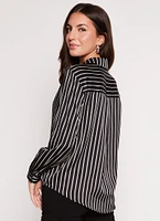 Womens Satin Striped Button Front Shirt, Black, Size M