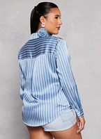 Womens Satin Striped Button Front Shirt, Blue, Size M