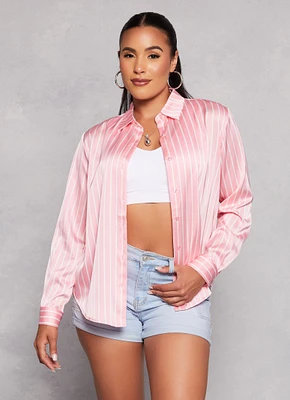 Womens Satin Striped Button Front Shirt, Pink, Size M