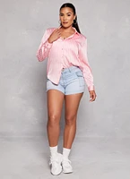 Womens Satin Striped Button Front Shirt, Pink, Size M