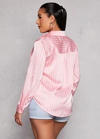 Womens Satin Striped Button Front Shirt, Pink, Size M