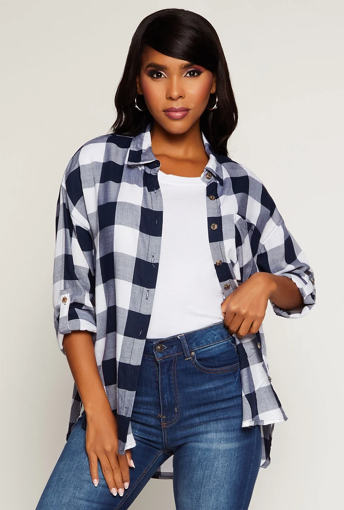 Womens Buffalo Plaid Tunic Shirt, Blue, Size S