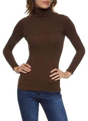 Womens Solid Long Sleeve Turtleneck Top, Brown, Size S