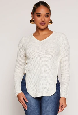 Womens Waffle Knit V Neck Caged Side Sweater, White, Size M
