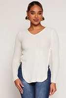 Womens Waffle Knit V Neck Caged Side Sweater, White, Size M