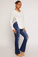 Womens Waffle Knit V Neck Caged Side Sweater, White, Size M