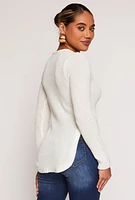 Womens Waffle Knit V Neck Caged Side Sweater, White, Size M