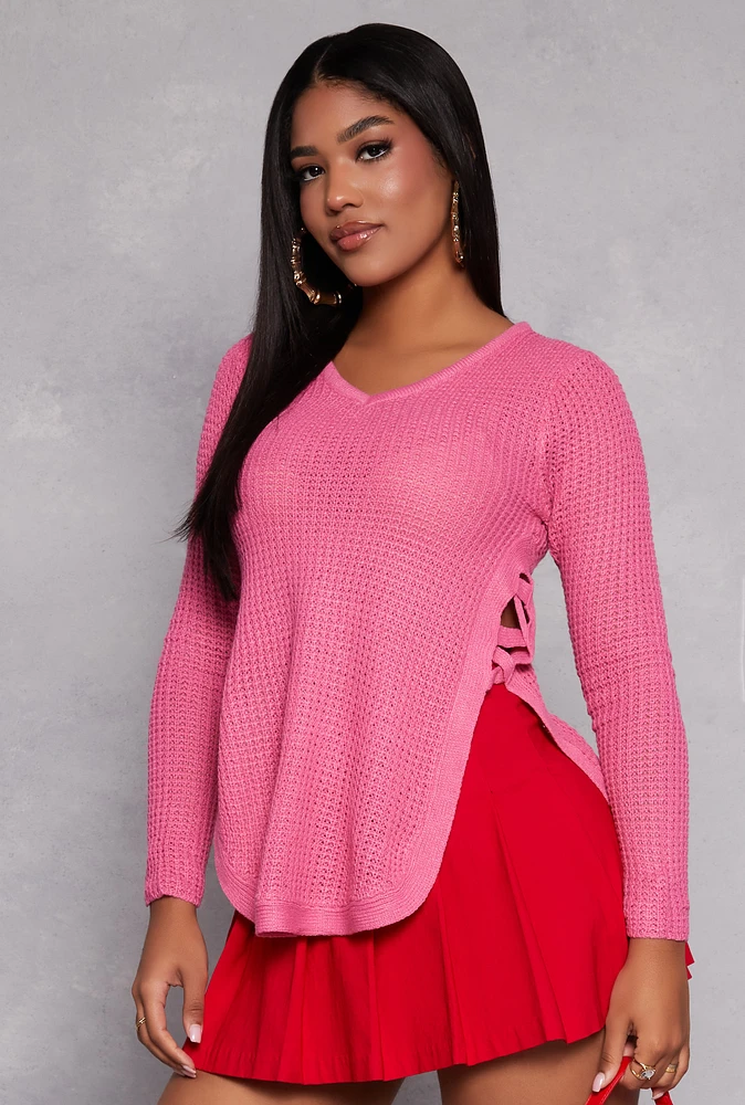 Womens Waffle Knit V Neck Caged Side Sweater, Pink, Size L