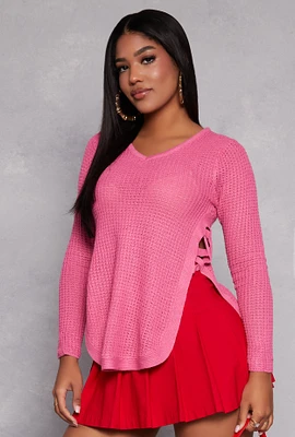 Womens Waffle Knit V Neck Caged Side Sweater, Pink, Size L