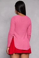 Womens Waffle Knit V Neck Caged Side Sweater, Pink, Size L