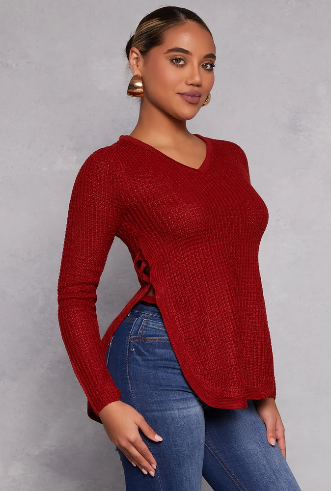 Womens Waffle Knit V Neck Caged Side Sweater, Red,