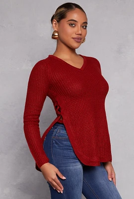 Womens Waffle Knit V Neck Caged Side Sweater, Red,