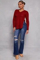 Womens Waffle Knit V Neck Caged Side Sweater, Red,